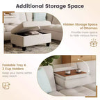 Canapé d'angle en lin 98 po avec pouf de rangement mobile, dossiers, sièges, porte-gobelets, beige/gris foncé