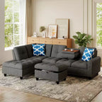 Canapé d'angle en lin 98 po avec pouf de rangement mobile, dossiers, sièges, porte-gobelets, beige/gris foncé