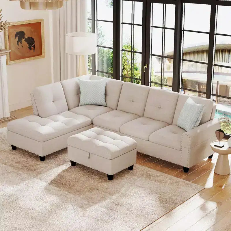 Canapé d'angle en lin 98 po avec pouf de rangement mobile, dossiers, sièges, porte-gobelets, beige/gris foncé