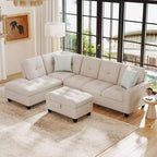 Canapé d'angle en lin 98 po avec pouf de rangement mobile, dossiers, sièges, porte-gobelets, beige/gris foncé