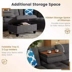 Canapé d'angle en lin 98 po avec pouf de rangement mobile, dossiers, sièges, porte-gobelets, beige/gris foncé