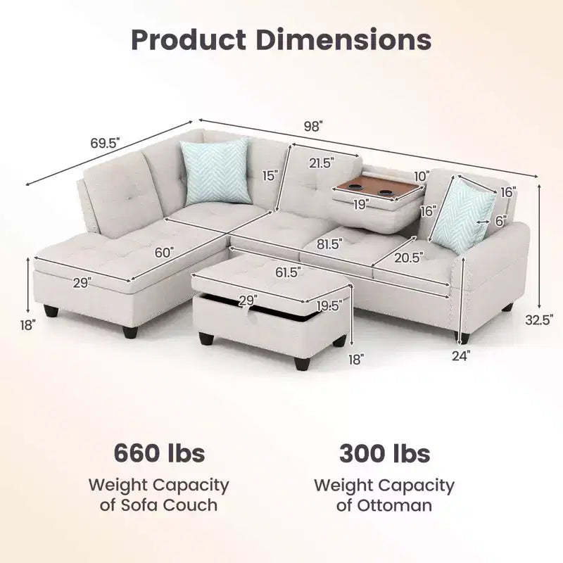 Canapé d'angle en lin 98 po avec pouf de rangement mobile, dossiers, sièges, porte-gobelets, beige/gris foncé