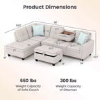 Canapé d'angle en lin 98 po avec pouf de rangement mobile, dossiers, sièges, porte-gobelets, beige/gris foncé