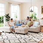 Canapé d'angle en lin 98 po avec pouf de rangement mobile, dossiers, sièges, porte-gobelets, beige/gris foncé