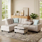 Canapé d'angle en lin 98 po avec pouf de rangement mobile, dossiers, sièges, porte-gobelets, beige/gris foncé