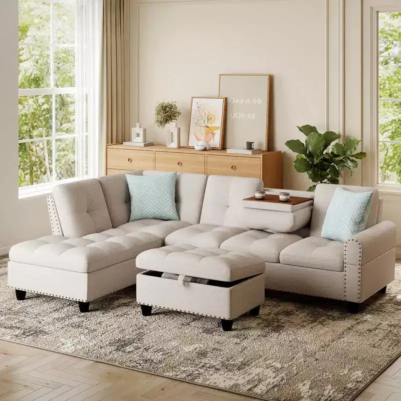 Canapé d'angle en lin 98 po avec pouf de rangement mobile, dossiers, sièges, porte-gobelets, beige/gris foncé