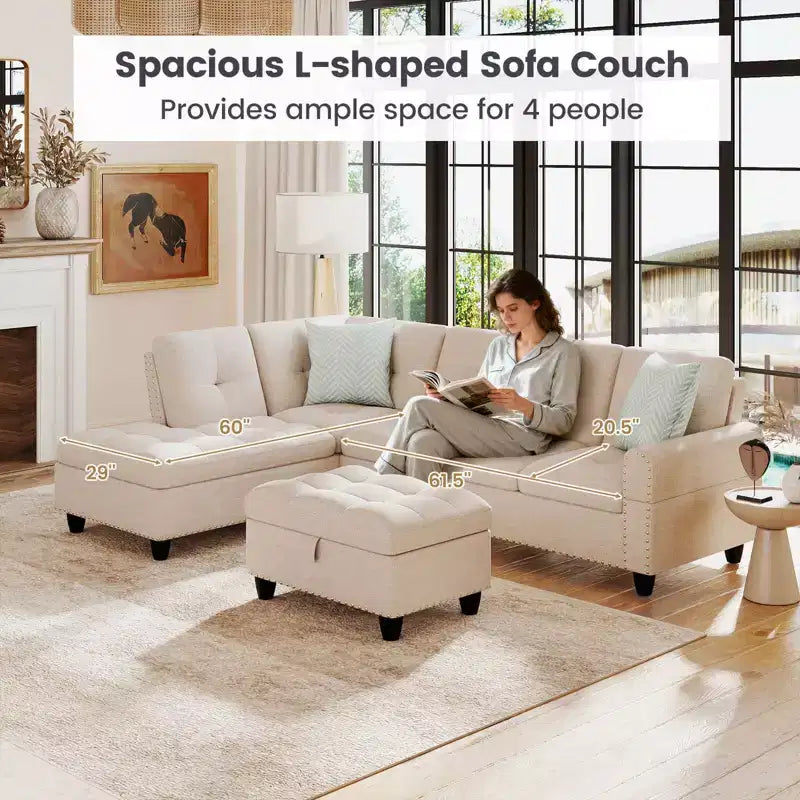 Canapé d'angle en lin 98 po avec pouf de rangement mobile, dossiers, sièges, porte-gobelets, beige/gris foncé