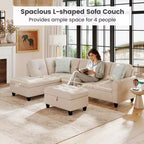 Canapé d'angle en lin 98 po avec pouf de rangement mobile, dossiers, sièges, porte-gobelets, beige/gris foncé