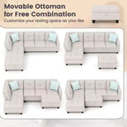 Canapé d'angle en lin 98 po avec pouf de rangement mobile, dossiers, sièges, porte-gobelets, beige/gris foncé