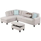 Costway 98 L-Shaped Sofa with Movable Storage Ottoman Linen Fabric Backs Seats Cup Holders Beige/Dark Gray