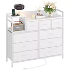 White 39 Fabric Drawer Dresser,Chest of Drawers and Shelf, Modern Dresser with Charging Station, TV Stand Dresser for Bedroom, Living Room