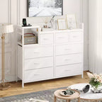 Commode blanche à 3 tiroirs en tissu de 99 cm, meuble de rangement et étagère, commode moderne avec station de charge, commode meuble TV pour chambre et salon
