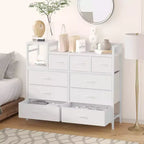 Commode blanche à 3 tiroirs en tissu de 99 cm, meuble de rangement et étagère, commode moderne avec station de charge, commode meuble TV pour chambre et salon