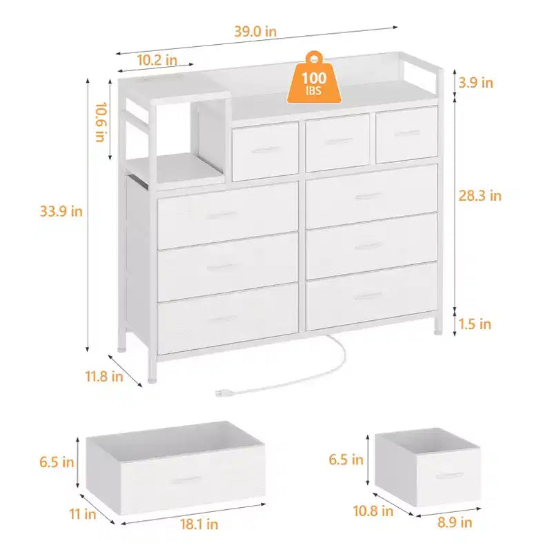 Commode blanche à 3 tiroirs en tissu de 99 cm, meuble de rangement et étagère, commode moderne avec station de charge, commode meuble TV pour chambre et salon