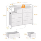 Commode blanche à 3 tiroirs en tissu de 99 cm, meuble de rangement et étagère, commode moderne avec station de charge, commode meuble TV pour chambre et salon