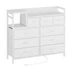 Commode blanche à 3 tiroirs en tissu de 99 cm, meuble de rangement et étagère, commode moderne avec station de charge, commode meuble TV pour chambre et salon