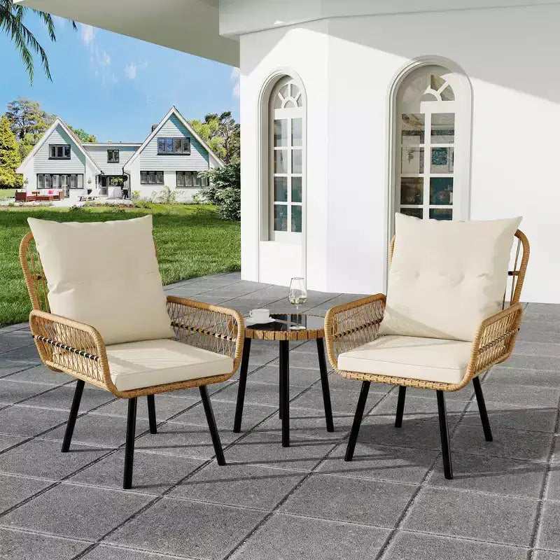 Ensemble de bistro en osier pour patio, 3 pièces, chaises de salle à manger en rotin tout temps avec table en verre et coussins