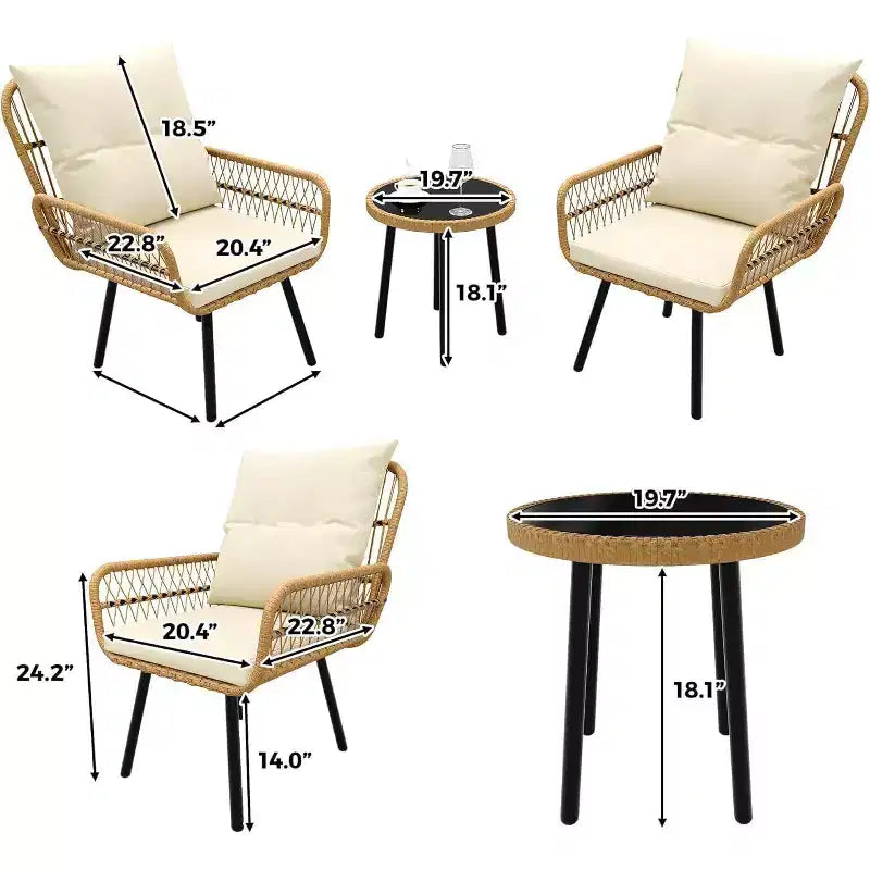 Ensemble de bistro en osier pour patio, 3 pièces, chaises de salle à manger en rotin tout temps avec table en verre et coussins