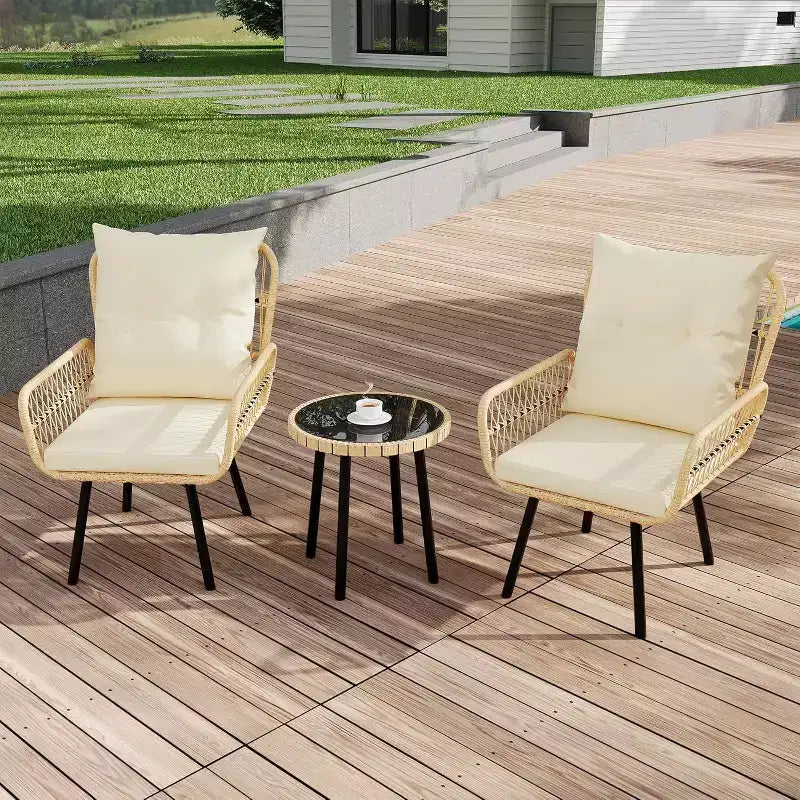 Ensemble de bistro en osier pour patio, 3 pièces, chaises de salle à manger en rotin tout temps avec table en verre et coussins