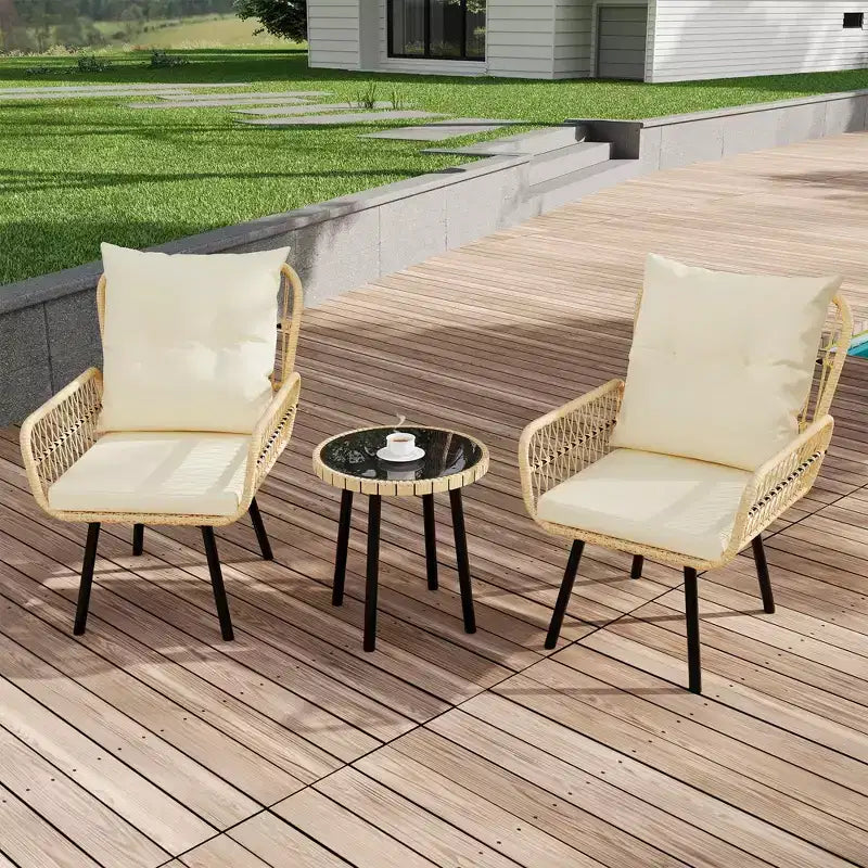 Ensemble de bistro en osier pour patio, 3 pièces, chaises de salle à manger en rotin tout temps avec table en verre et coussins