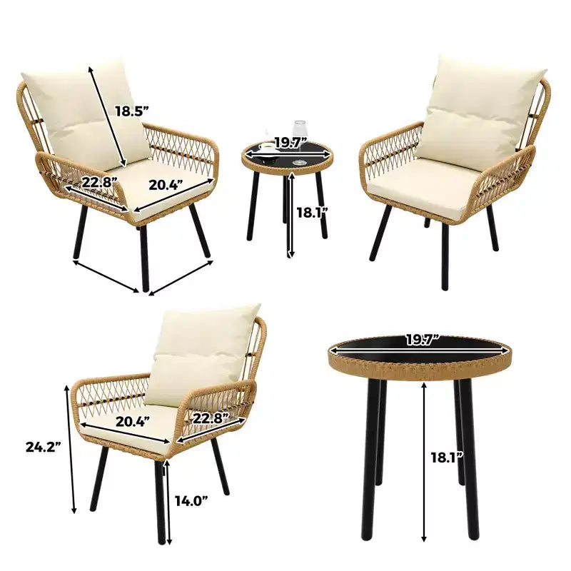 Ensemble de bistro en osier pour patio, 3 pièces, chaises de salle à manger en rotin tout temps avec table en verre et coussins