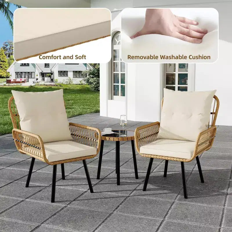 Ensemble de bistro en osier pour patio, 3 pièces, chaises de salle à manger en rotin tout temps avec table en verre et coussins