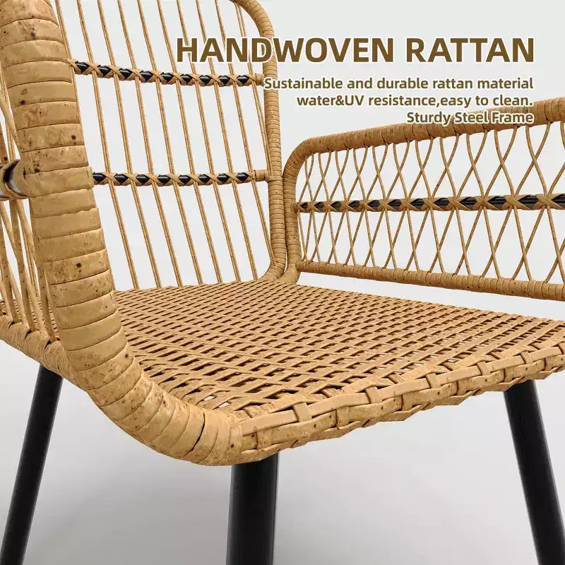 Ensemble de bistro en osier pour patio, 3 pièces, chaises de salle à manger en rotin tout temps avec table en verre et coussins