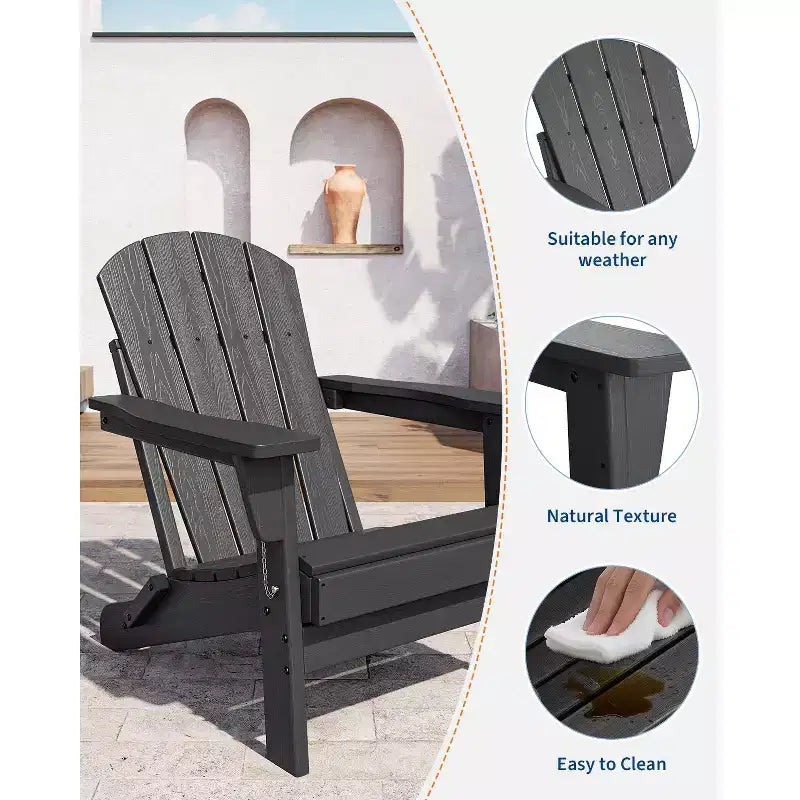 Chaise Adirondack d'extérieur, en PEHD robuste d'une capacité de 172 kg, résistante aux intempéries, aucun assemblage requis, pliable pour terrasse, pelouse, jardin