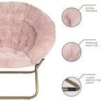 Fauteuils soucoupes pliants, chaise ronde confortable en fausse fourrure en forme de fleur avec coussin épais et cadre métallique robuste, chaise lune pliable en peluche surdimensionnée