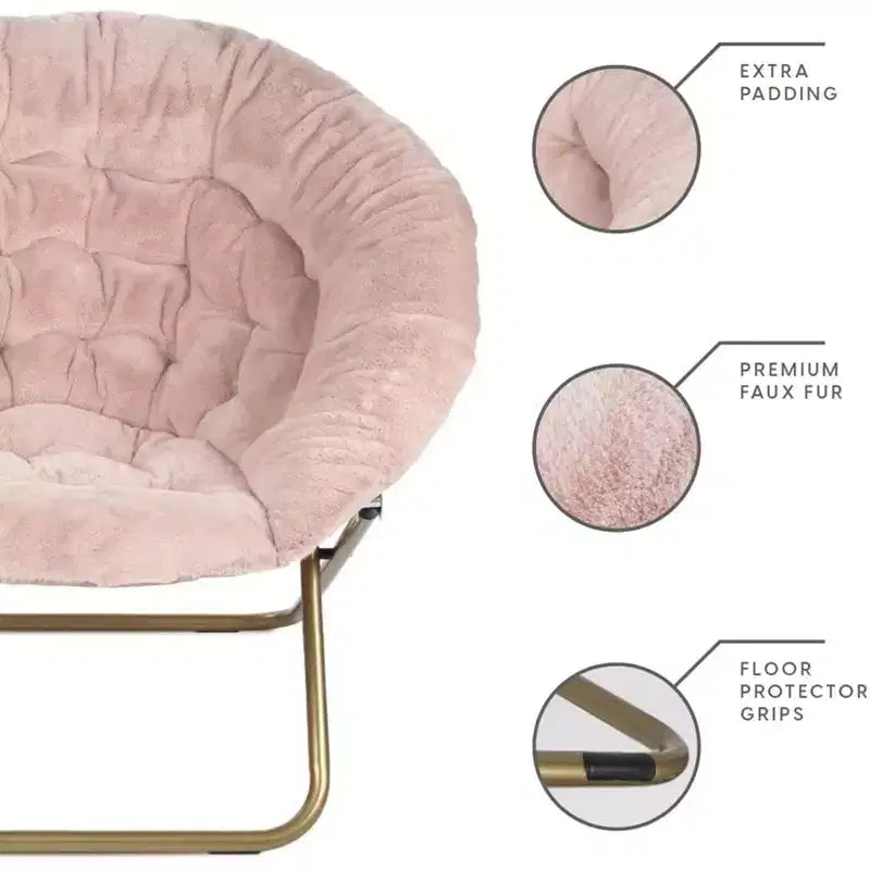 Fauteuils soucoupes pliants, chaise ronde confortable en fausse fourrure en forme de fleur avec coussin épais et cadre métallique robuste, chaise lune pliable en peluche surdimensionnée