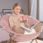 Fauteuils soucoupes pliants, chaise ronde confortable en fausse fourrure en forme de fleur avec coussin épais et cadre métallique robuste, chaise lune pliable en peluche surdimensionnée