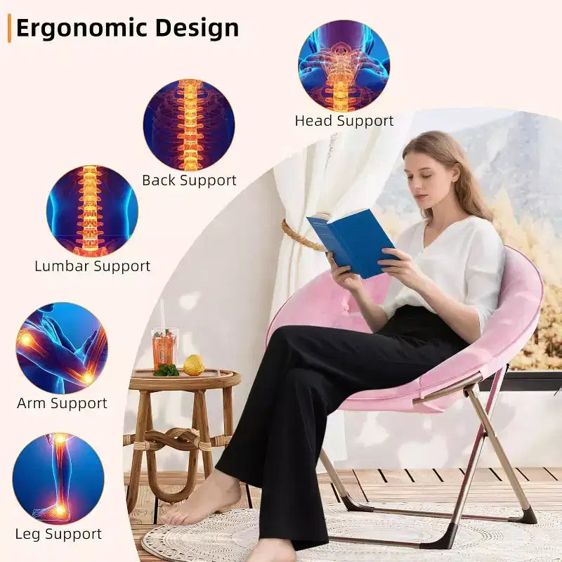 Fauteuils soucoupes pliants, chaise ronde confortable en fausse fourrure en forme de fleur avec coussin épais et cadre métallique robuste, chaise lune pliable en peluche surdimensionnée