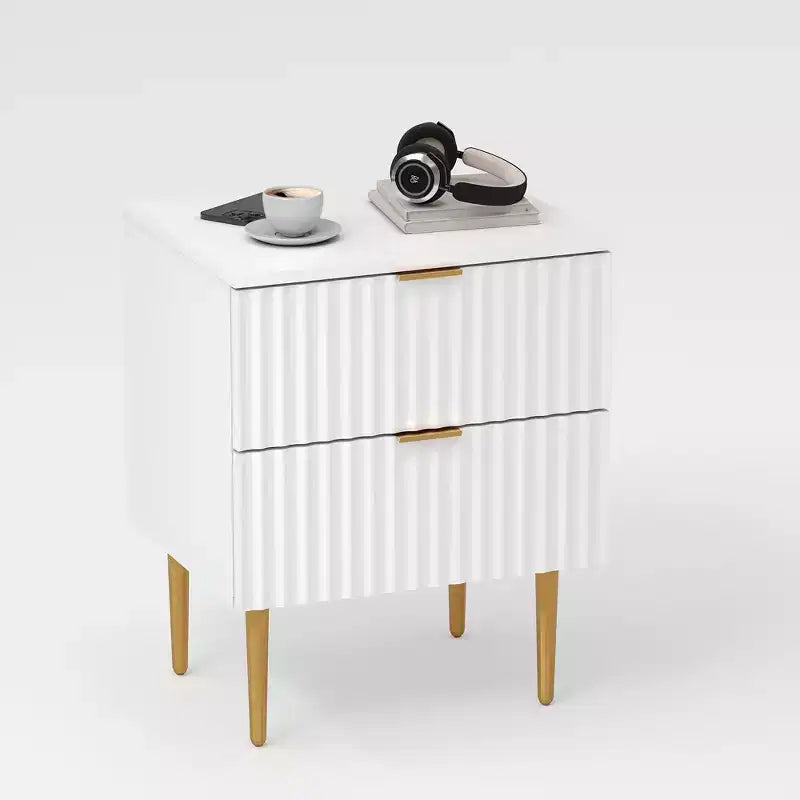 Table de chevet moderne avec 2 tiroirs, table de nuit cannelée dorée et bois, table de chevet pour chambre d'appartement