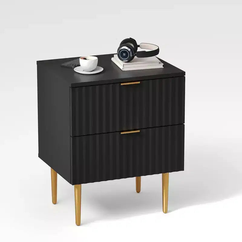 Table de chevet moderne avec 2 tiroirs, table de nuit cannelée dorée et bois, table de chevet pour chambre d'appartement