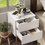Table de chevet moderne avec 2 tiroirs, table de nuit cannelée dorée et bois, table de chevet pour chambre d'appartement