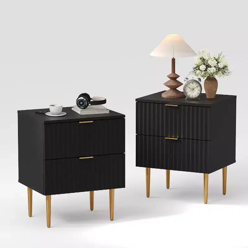 Table de chevet moderne avec 2 tiroirs, table de nuit cannelée dorée et bois, table de chevet pour chambre d'appartement
