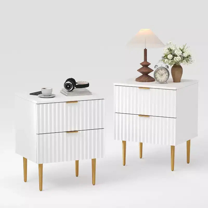 Table de chevet moderne avec 2 tiroirs, table de nuit cannelée dorée et bois, table de chevet pour chambre d'appartement