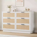 Rattan 6 Drawer Dresser, 47in Wide White 6 Chest of Drawers with Metal Handles and Wooden Sturdy Base for Bedroom Living Room Office