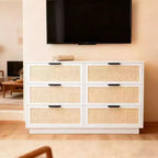 Commode à 6 tiroirs en rotin, 119 cm de large, 6 tiroirs blancs avec poignées en métal et base solide en bois pour chambre, salon, bureau