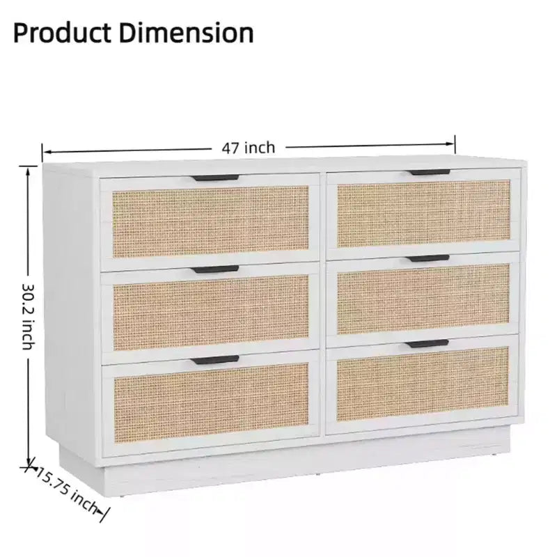 Commode à 6 tiroirs en rotin, 119 cm de large, 6 tiroirs blancs avec poignées en métal et base solide en bois pour chambre, salon, bureau