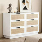 Commode à 6 tiroirs en rotin, 119 cm de large, 6 tiroirs blancs avec poignées en métal et base solide en bois pour chambre, salon, bureau