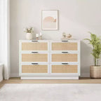 Commode à 6 tiroirs en rotin, 119 cm de large, 6 tiroirs blancs avec poignées en métal et base solide en bois pour chambre, salon, bureau