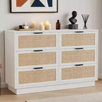 Commode à 6 tiroirs en rotin, 119 cm de large, 6 tiroirs blancs avec poignées en métal et base solide en bois pour chambre, salon, bureau