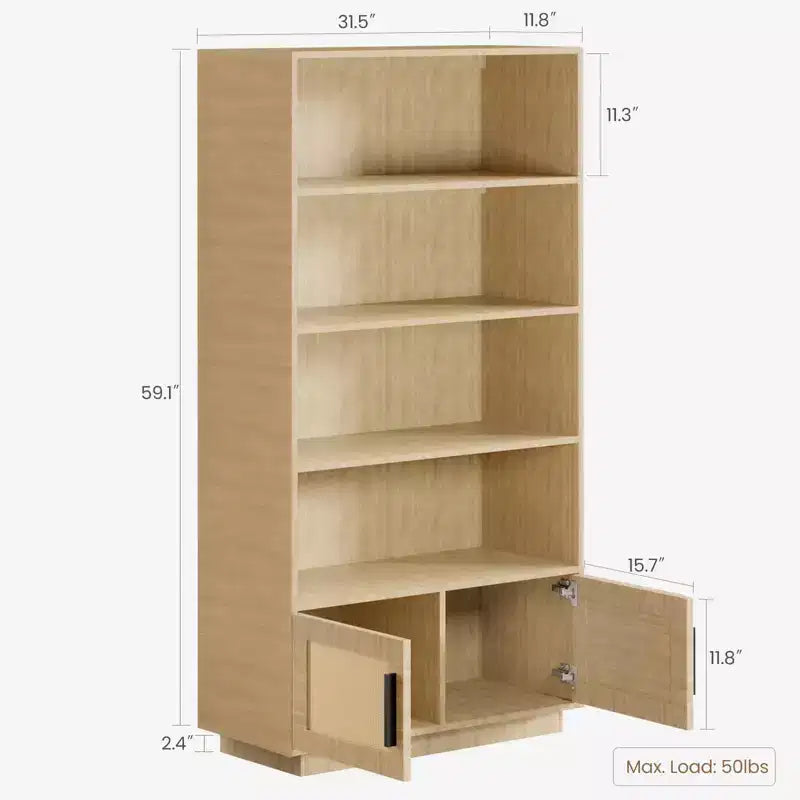Étagère à 5 niveaux, bibliothèque bohème avec portes en rotin, bibliothèque et étagère en bois avec rangement, étagère haute, grande bibliothèque pour salon, maison