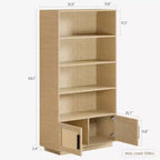 Étagère à 5 niveaux, bibliothèque bohème avec portes en rotin, bibliothèque et étagère en bois avec rangement, étagère haute, grande bibliothèque pour salon, maison