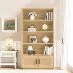 Étagère à 5 niveaux, bibliothèque bohème avec portes en rotin, bibliothèque et étagère en bois avec rangement, étagère haute, grande bibliothèque pour salon, maison