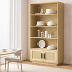 Étagère à 5 niveaux, bibliothèque bohème avec portes en rotin, bibliothèque et étagère en bois avec rangement, étagère haute, grande bibliothèque pour salon, maison
