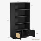 Étagère à 5 niveaux, bibliothèque bohème avec portes en rotin, bibliothèque et étagère en bois avec rangement, étagère haute, grande bibliothèque pour salon, maison