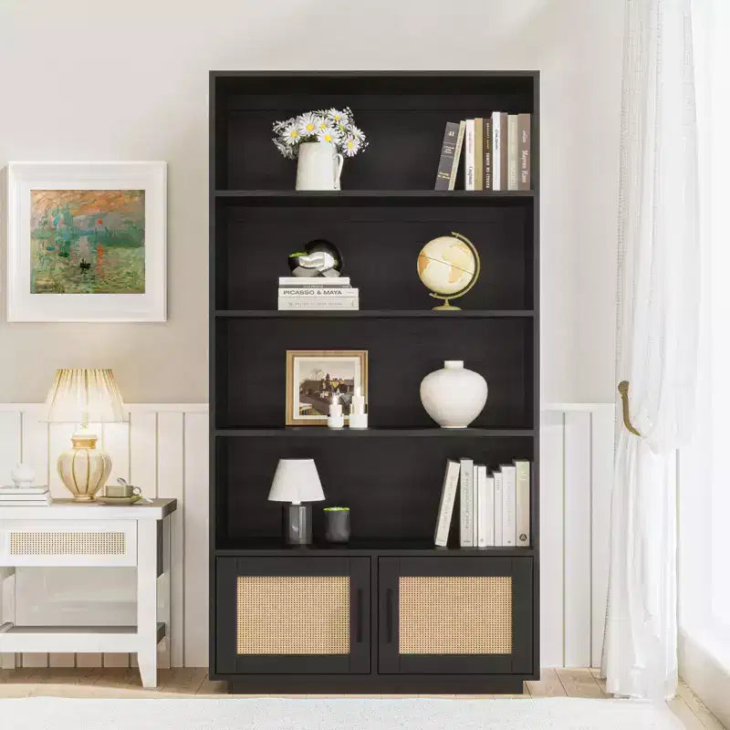 Étagère à 5 niveaux, bibliothèque bohème avec portes en rotin, bibliothèque et étagère en bois avec rangement, étagère haute, grande bibliothèque pour salon, maison