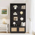 Étagère à 5 niveaux, bibliothèque bohème avec portes en rotin, bibliothèque et étagère en bois avec rangement, étagère haute, grande bibliothèque pour salon, maison